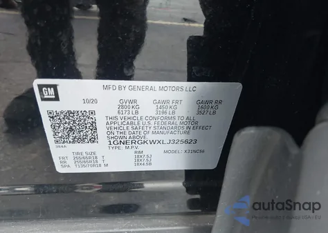 2020 Chevrolet Traverse Fwd Lt Cloth из США, поврежденный, VIN 1GNERGKWXLJ325623